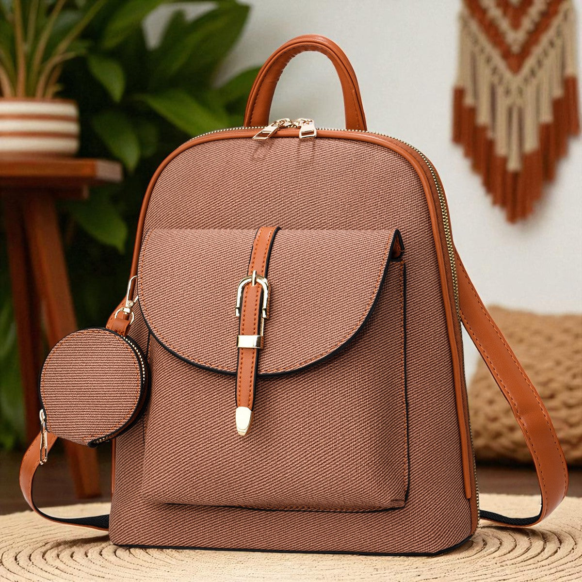 Travel-Ready Vegan Leather Mini Backpack with Pouch | Versatile Daypack