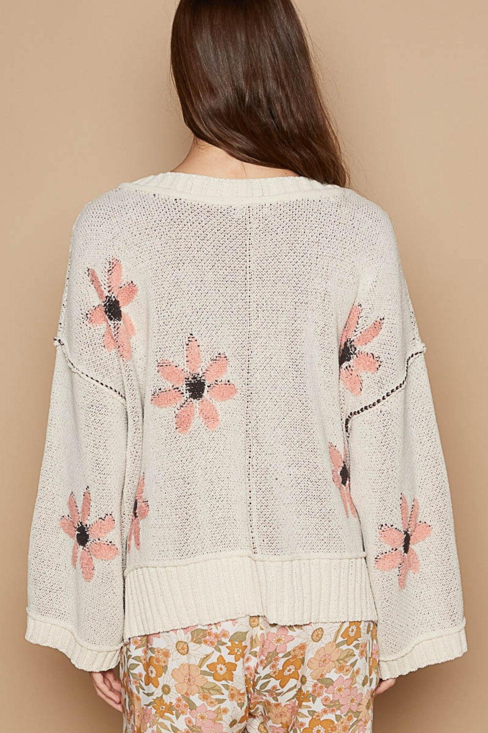 V-Neck Floral Pattern Chenille Sweater