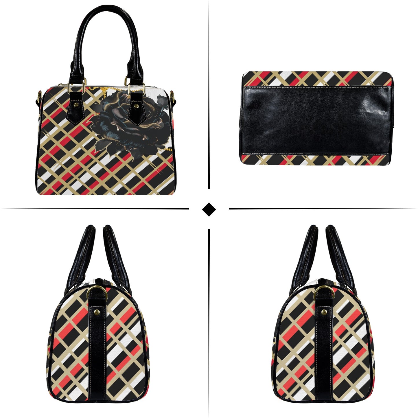 Zamy Purse  Boston Leather Handbag-Black Handle