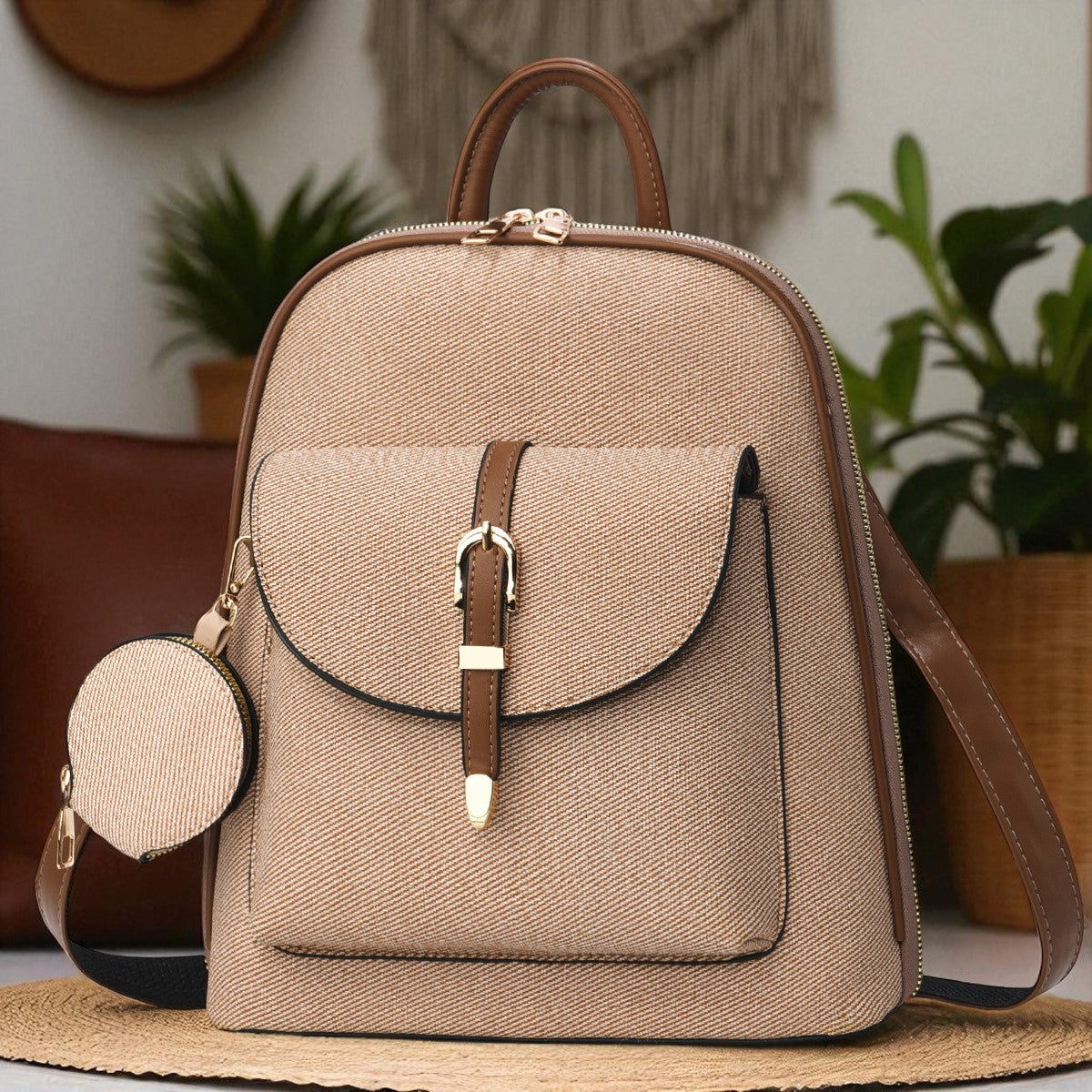 Travel-Ready Vegan Leather Mini Backpack with Pouch | Versatile Daypack