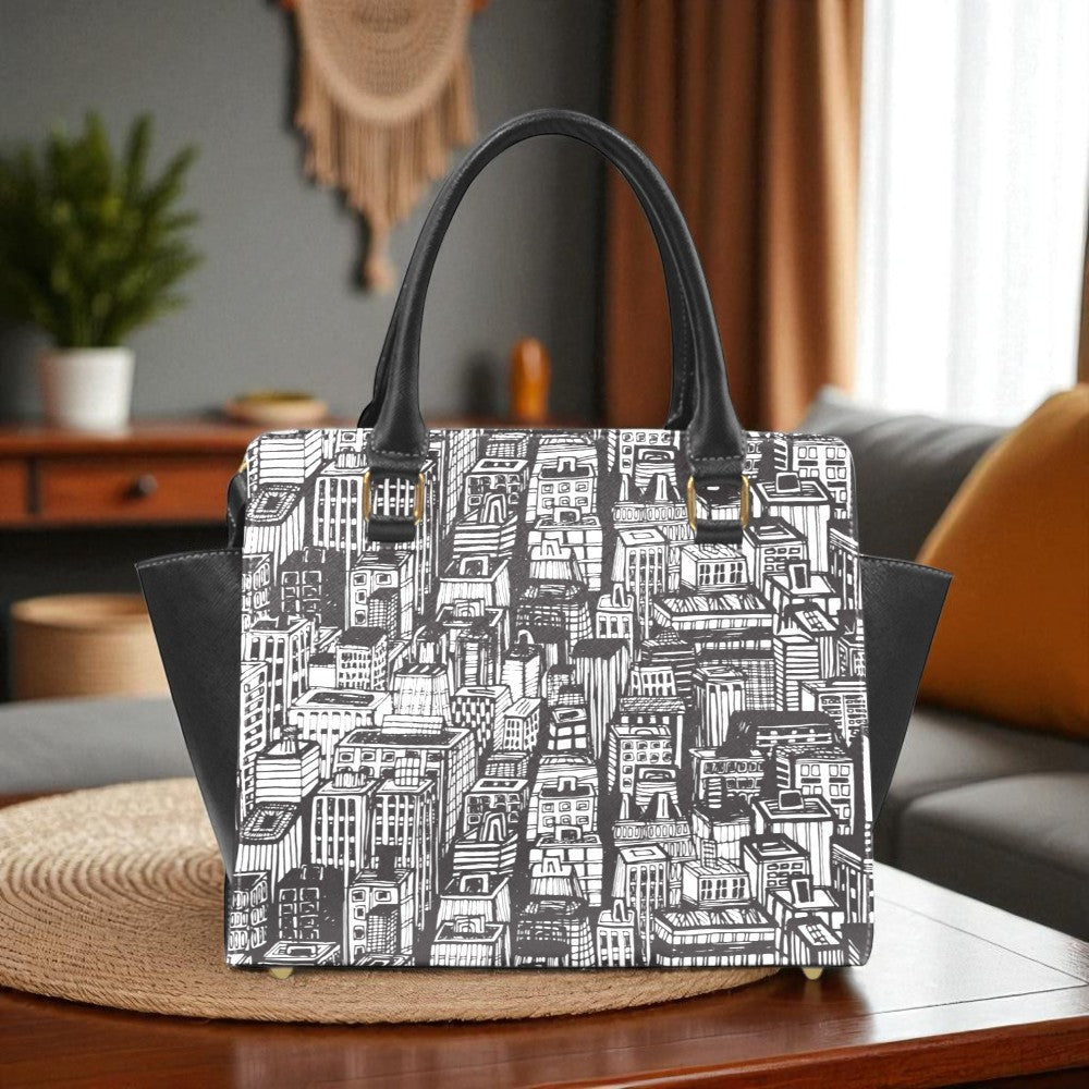 Urban Cityscape Print Handbag | Black & White Vegan Leather Satchel | Stylish Travel Shoulder Bag