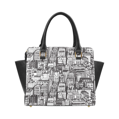 Urban Cityscape Print Handbag | Black & White Vegan Leather Satchel | Stylish Travel Shoulder Bag
