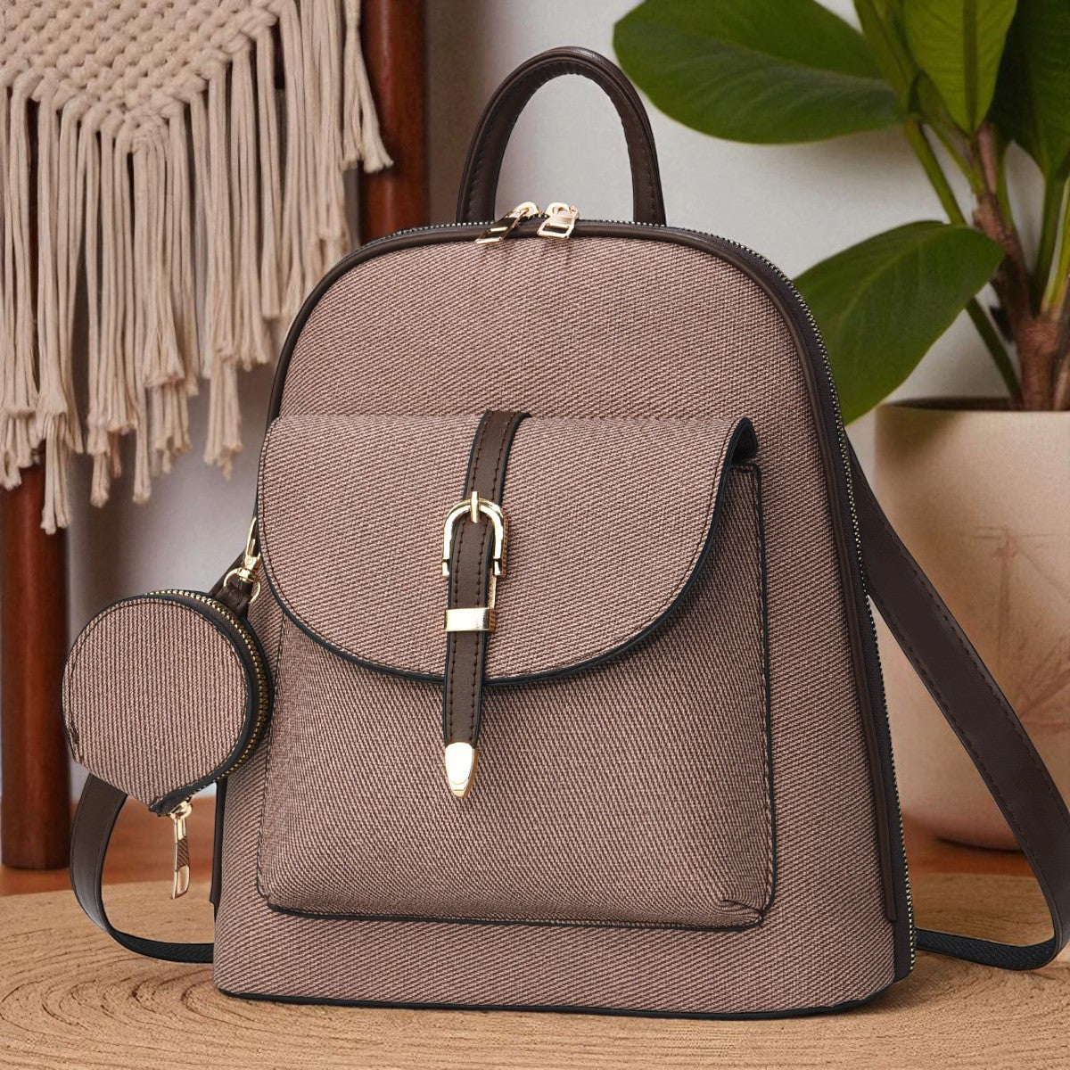 Travel-Ready Vegan Leather Mini Backpack with Pouch | Versatile Daypack