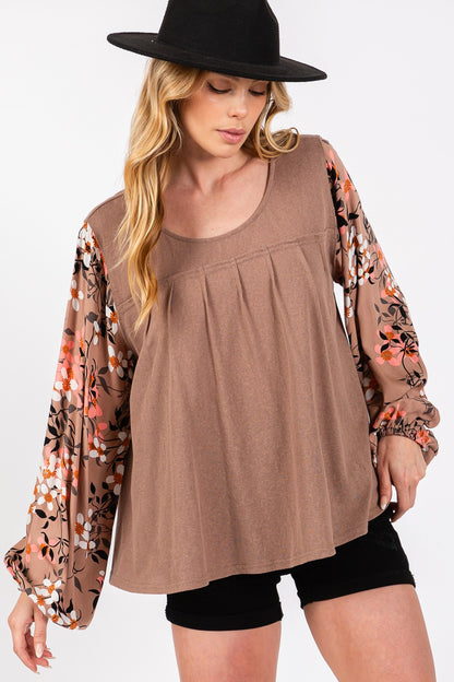 Floral Long Sleeve Front Pleated Detail Blouse