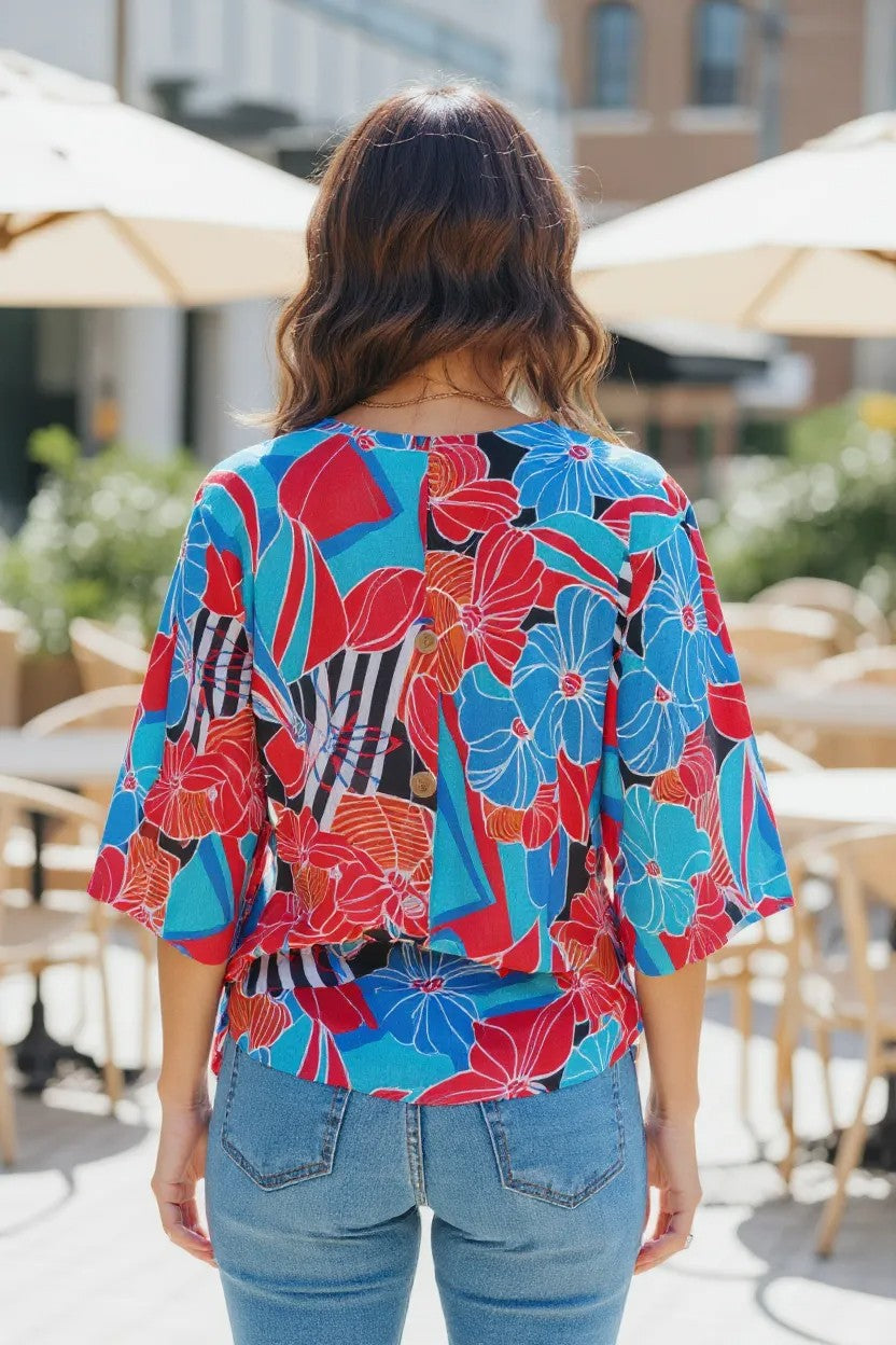 Tropical Floral V-Neck Kimono Sleeve Top | Lightweight Vacation Blouse