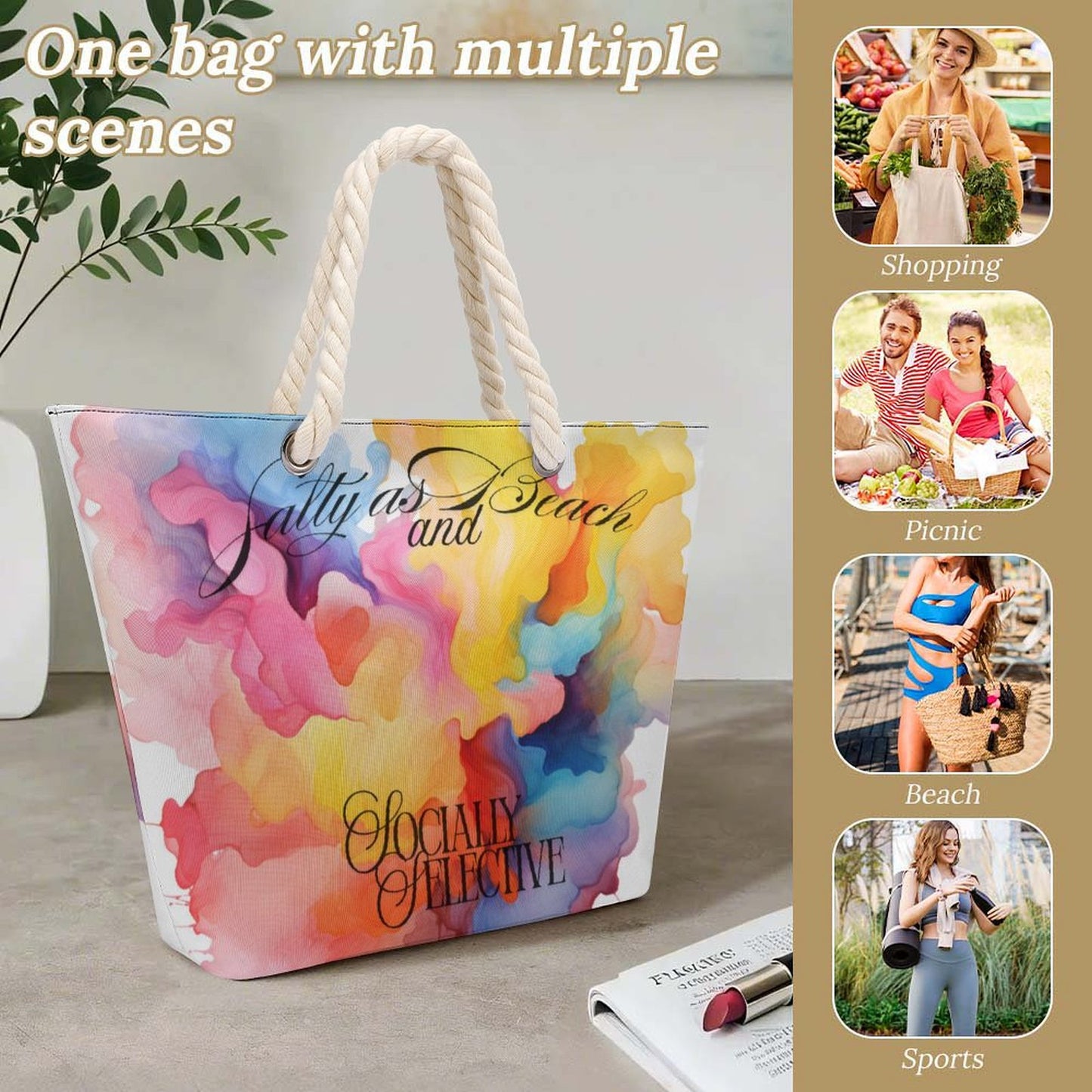 Salty as a Beach & Socially Selective Tote Bag | Watercolor Splash Beach Bag