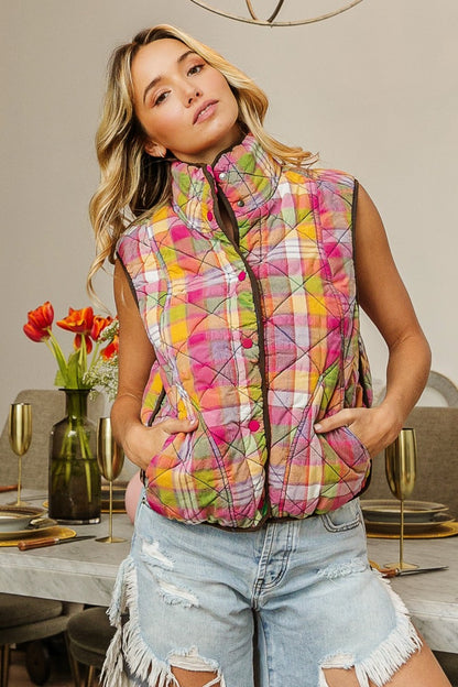 Quilted Washed Plaid Snap Down Vest