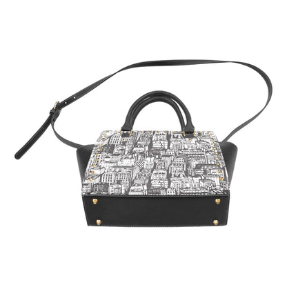Urban Cityscape Print Handbag | Black & White Vegan Leather Satchel | Stylish Travel Shoulder Bag