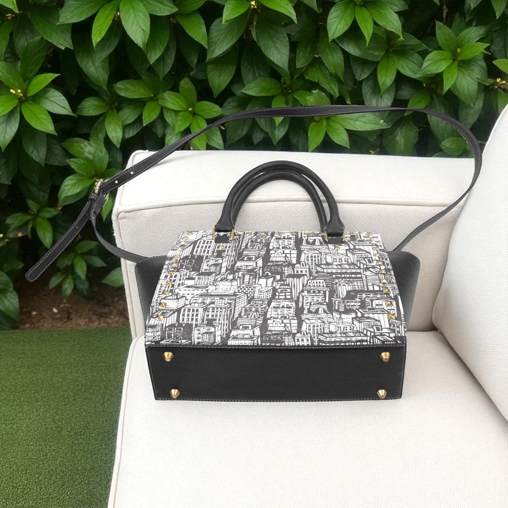 Urban Cityscape Print Handbag | Black & White Vegan Leather Satchel | Stylish Travel Shoulder Bag