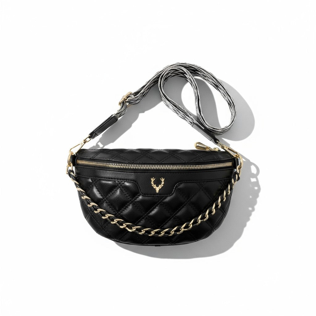 Quilted Vegan Leather Belt Bag with Aztec Strap /Adjustable Crossbody Purse