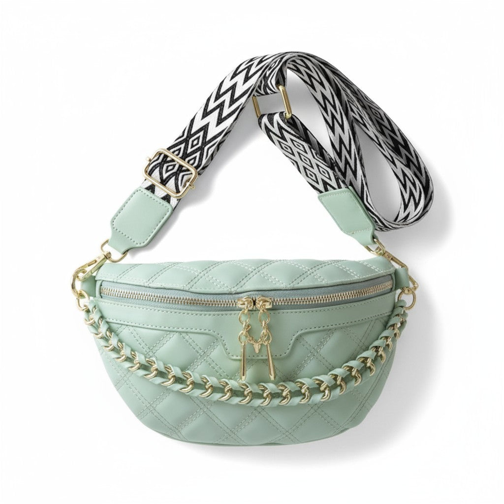 Quilted Vegan Leather Belt Bag with Aztec Strap /Adjustable Crossbody Purse