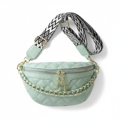 Quilted Vegan Leather Belt Bag with Aztec Strap /Adjustable Crossbody Purse