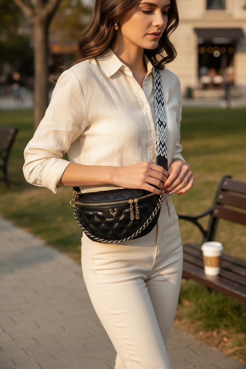 Quilted Vegan Leather Belt Bag with Aztec Strap /Adjustable Crossbody Purse