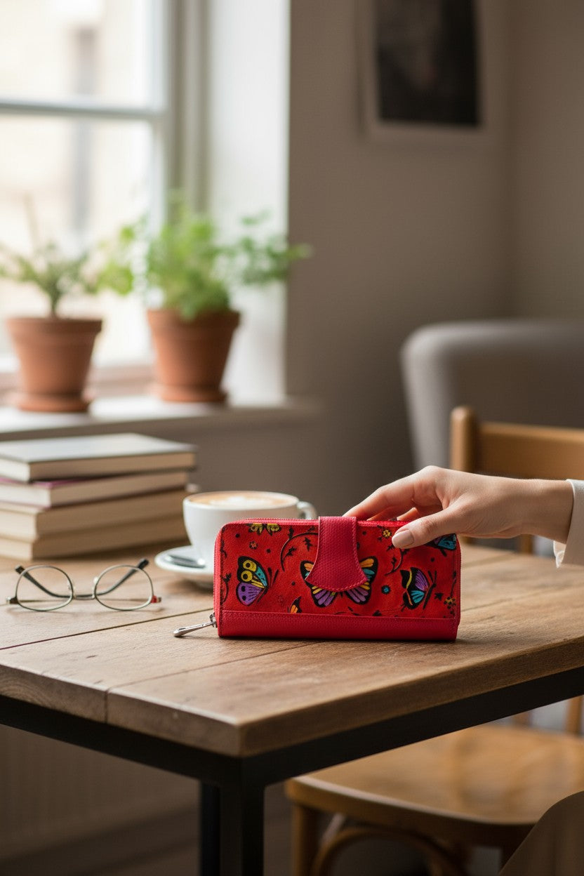 Artisan Hand-Painted Butterfly Leather Wallet | Floral Embossed Trifold Wallet