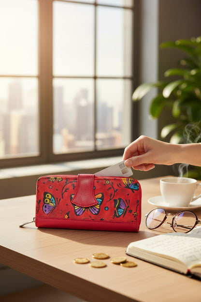 Artisan Hand-Painted Butterfly Leather Wallet | Floral Embossed Trifold Wallet