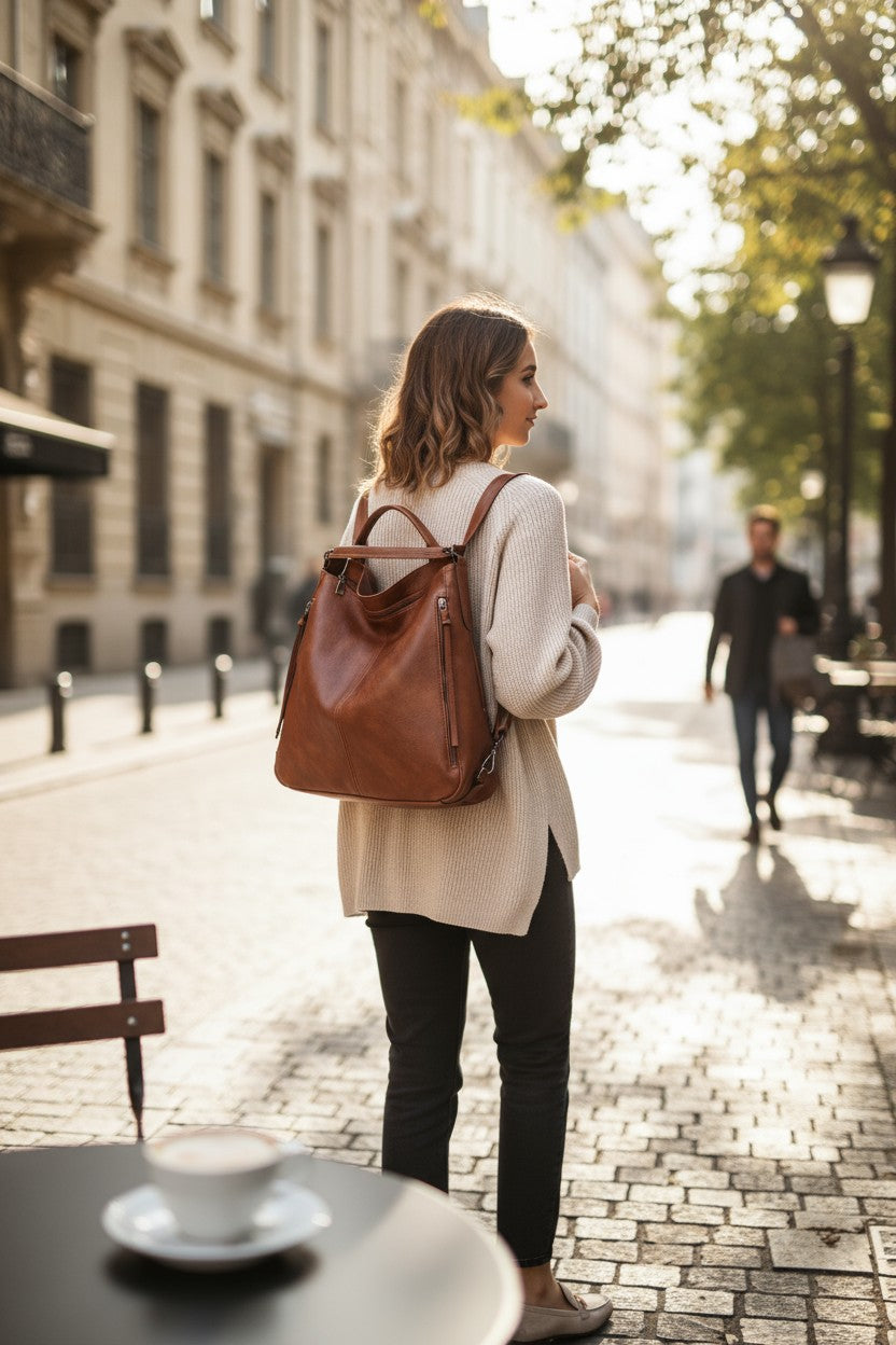 Vegan Leather Messenger Backpack Bag Set