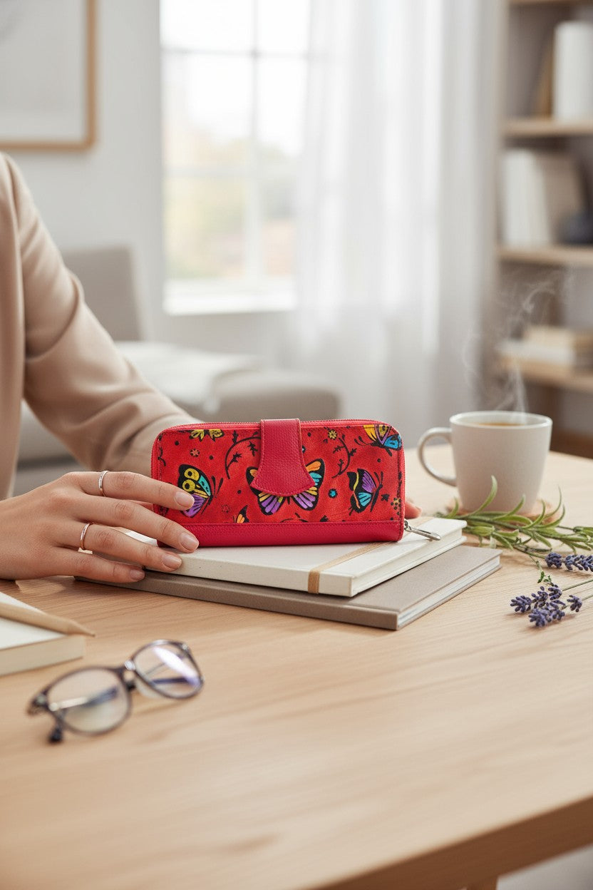 Artisan Hand-Painted Butterfly Leather Wallet | Floral Embossed Trifold Wallet