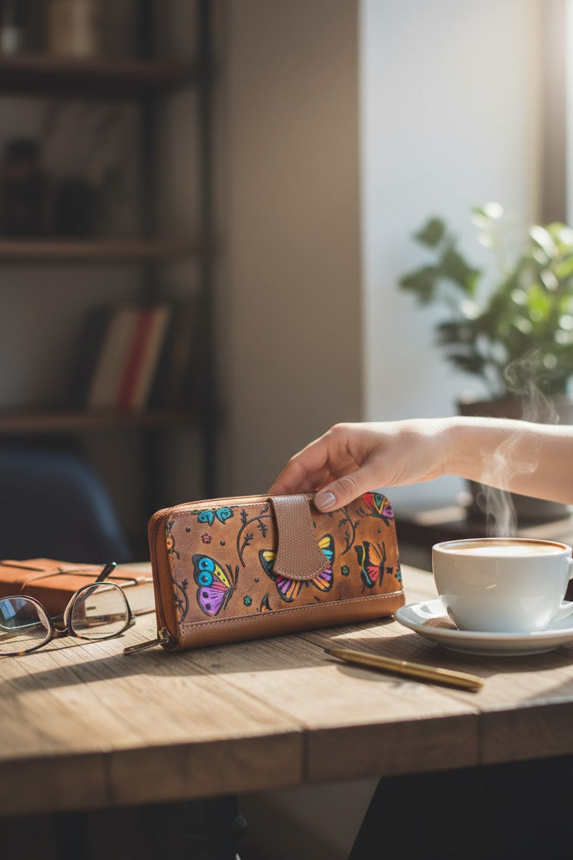 Artisan Hand-Painted Butterfly Leather Wallet | Floral Embossed Trifold Wallet