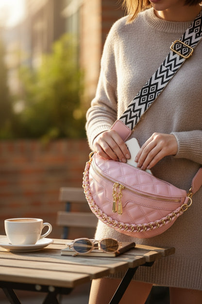 Quilted Vegan Leather Belt Bag with Aztec Strap /Adjustable Crossbody Purse