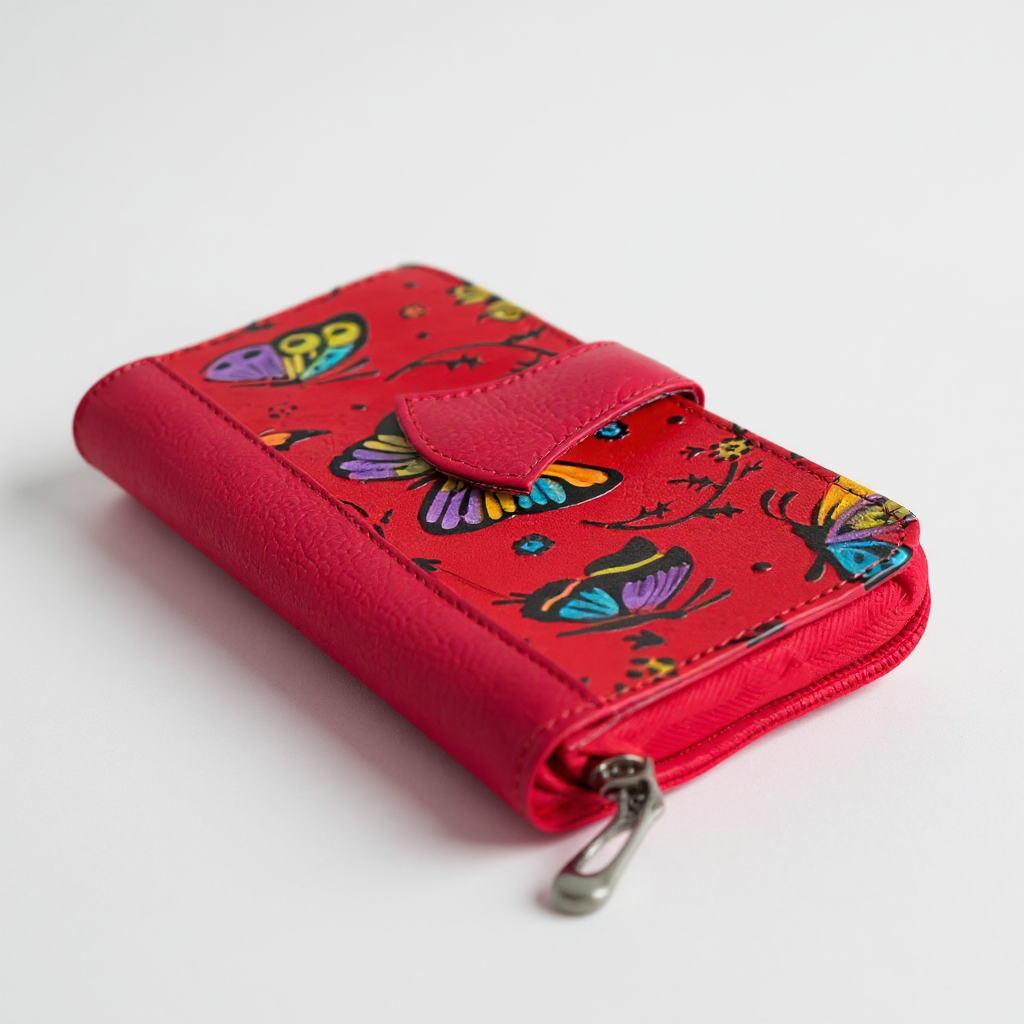 Artisan Hand-Painted Butterfly Leather Wallet | Floral Embossed Trifold Wallet