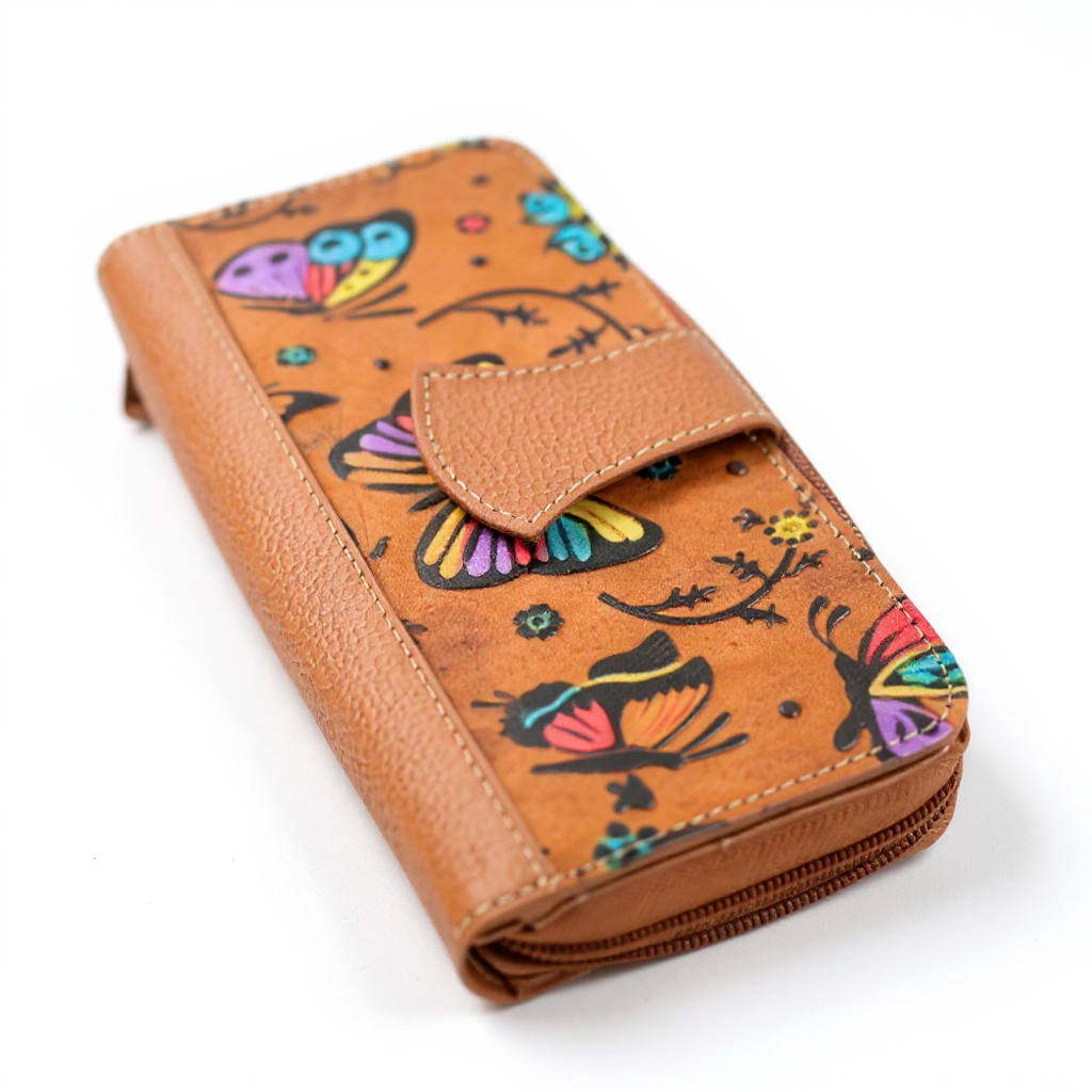 Artisan Hand-Painted Butterfly Leather Wallet | Floral Embossed Trifold Wallet