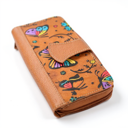 Artisan Hand-Painted Butterfly Leather Wallet | Floral Embossed Trifold Wallet