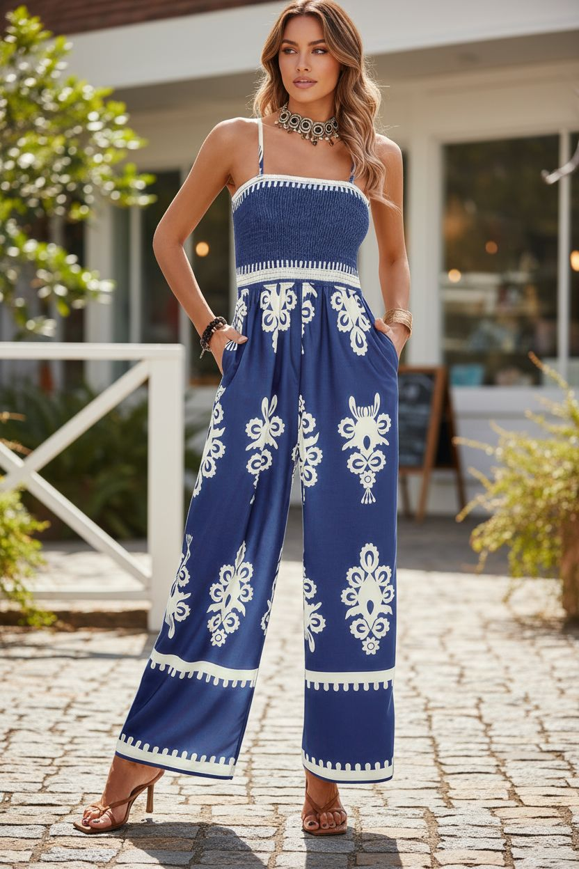 Jetsetter Smocked Bandeau Wide-Leg Jumpsuit