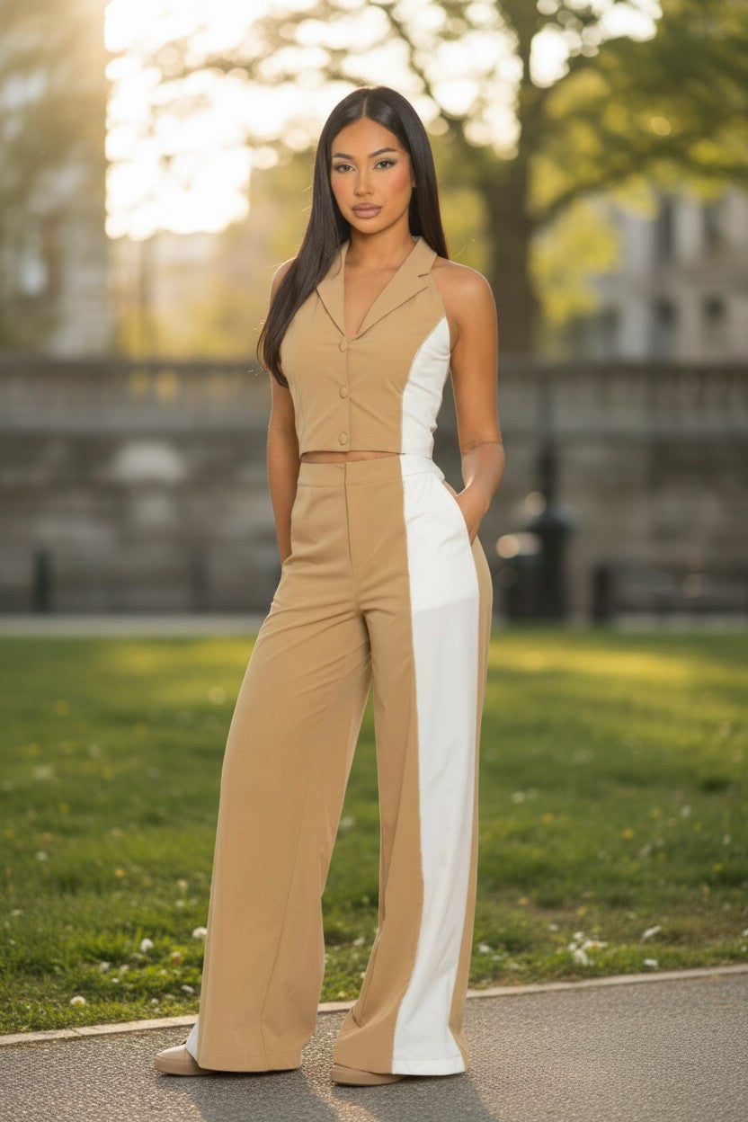 The Executive Color Block Halter Vest & Wide-Leg Trouser Set