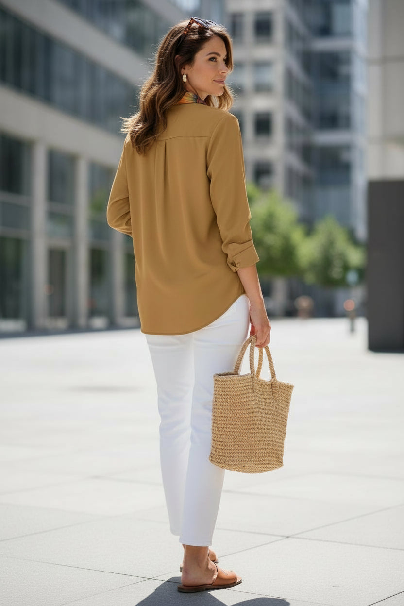 Artistic Floral Portrait Silk Velvet Button-Down Shirt – Ochre