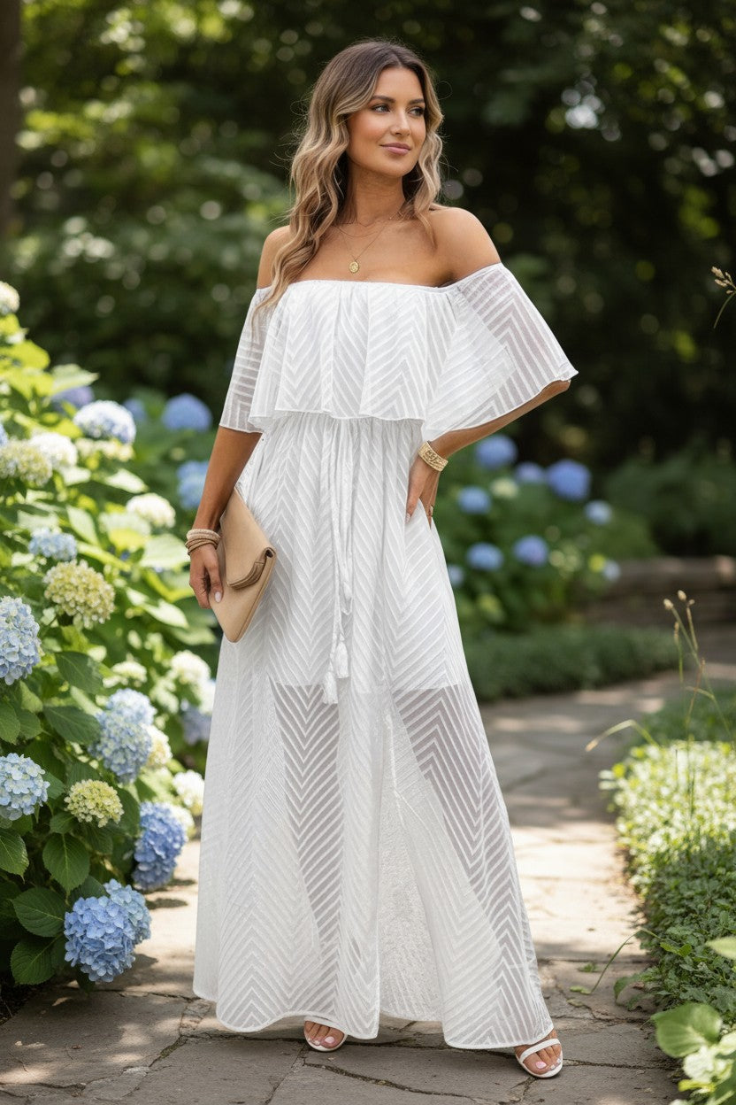 White Boho Ruffle Off-Shoulder Maxi Dress | Flowy Resort Vacation Split Dress