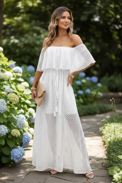 White Boho Ruffle Off-Shoulder Maxi Dress | Flowy Resort Vacation Split Dress