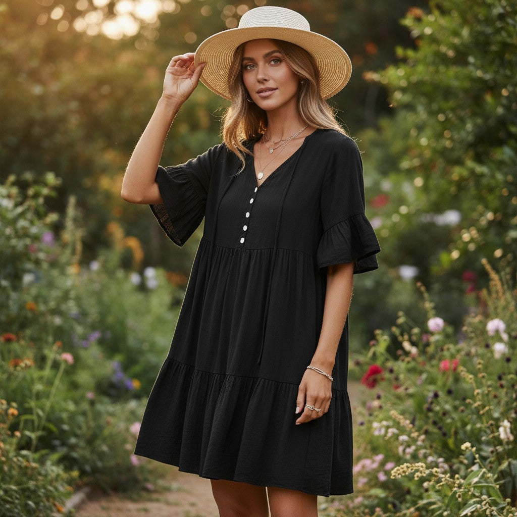 The Transitional V-Neck Ruffle Hem Mini Dress