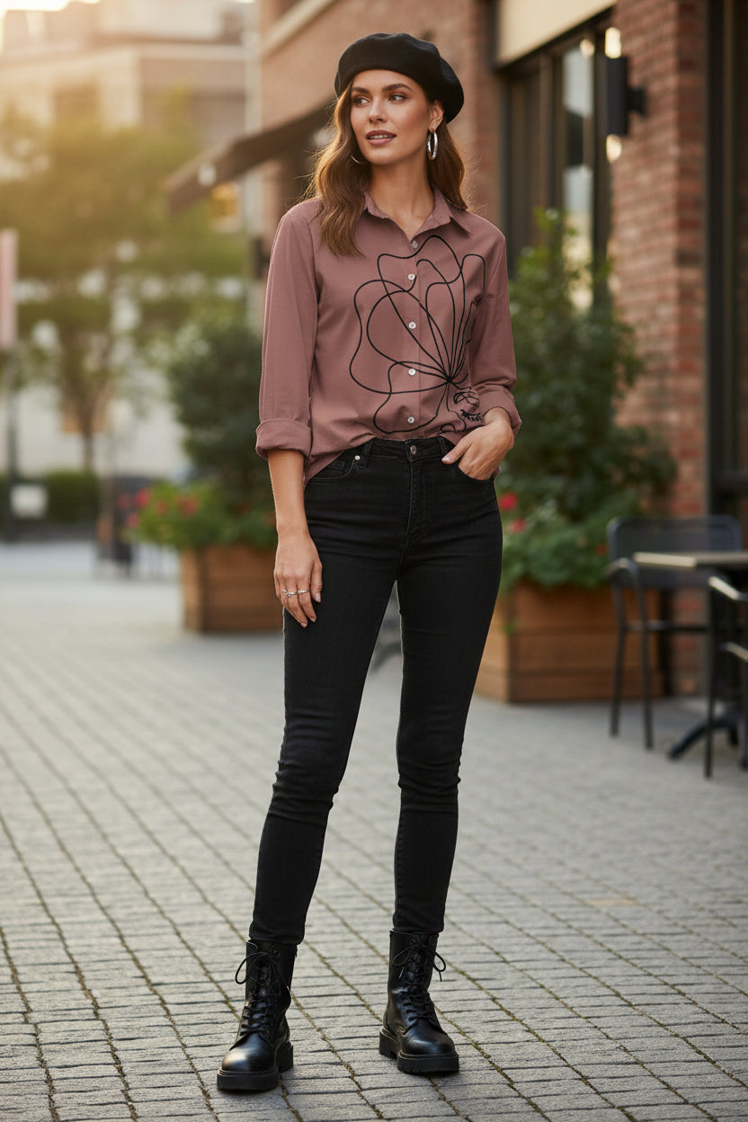 Minimalist Abstract Face Line Art Button-Down Shirt - Mauve