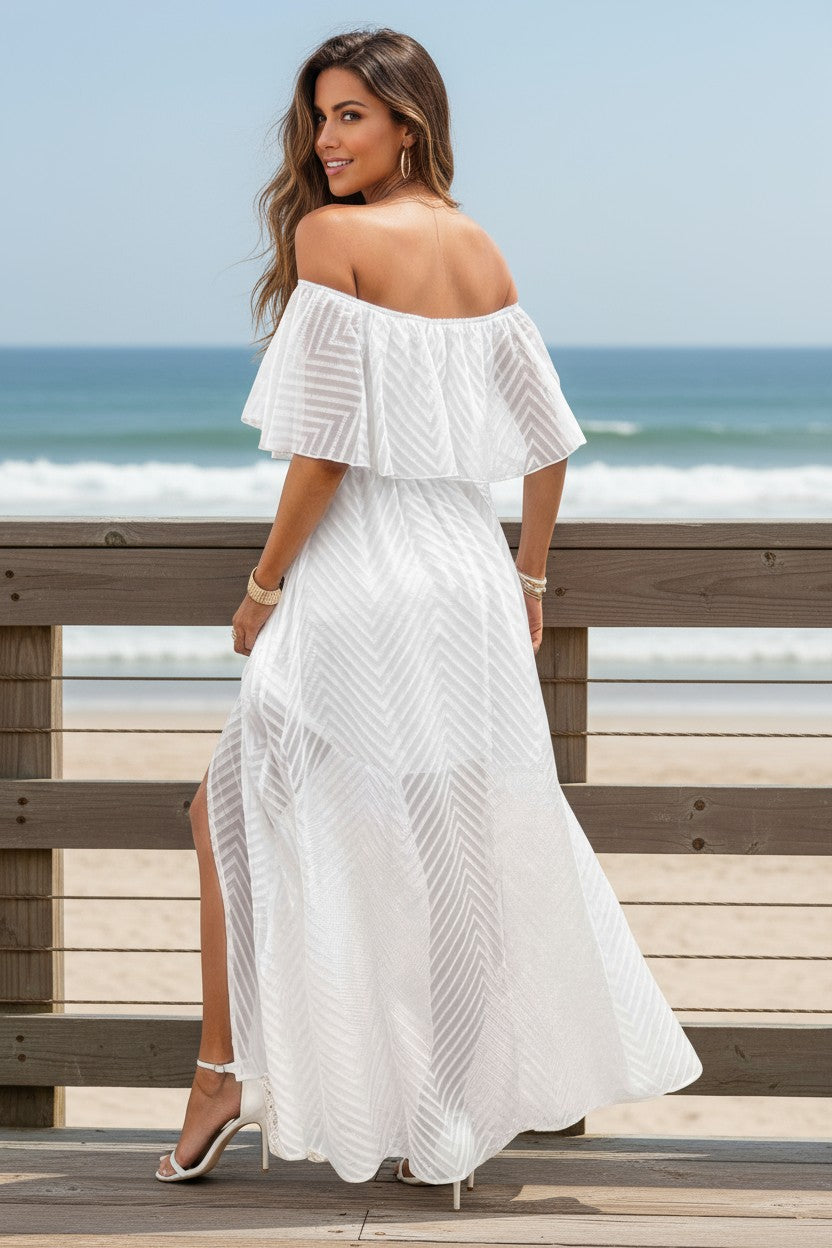 White Boho Ruffle Off-Shoulder Maxi Dress | Flowy Resort Vacation Split Dress