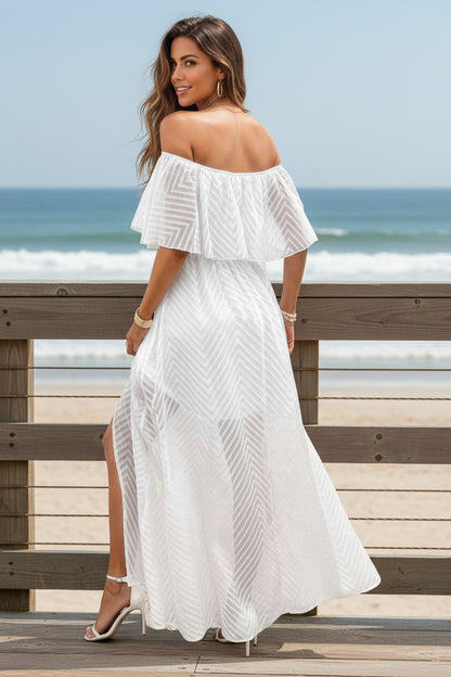 White Boho Ruffle Off-Shoulder Maxi Dress | Flowy Resort Vacation Split Dress