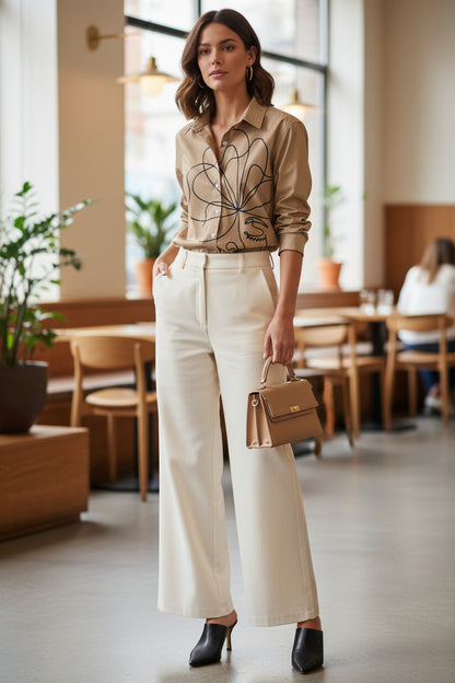 Minimalist Abstract Face Line Art Button-Down Shirt – Khaki