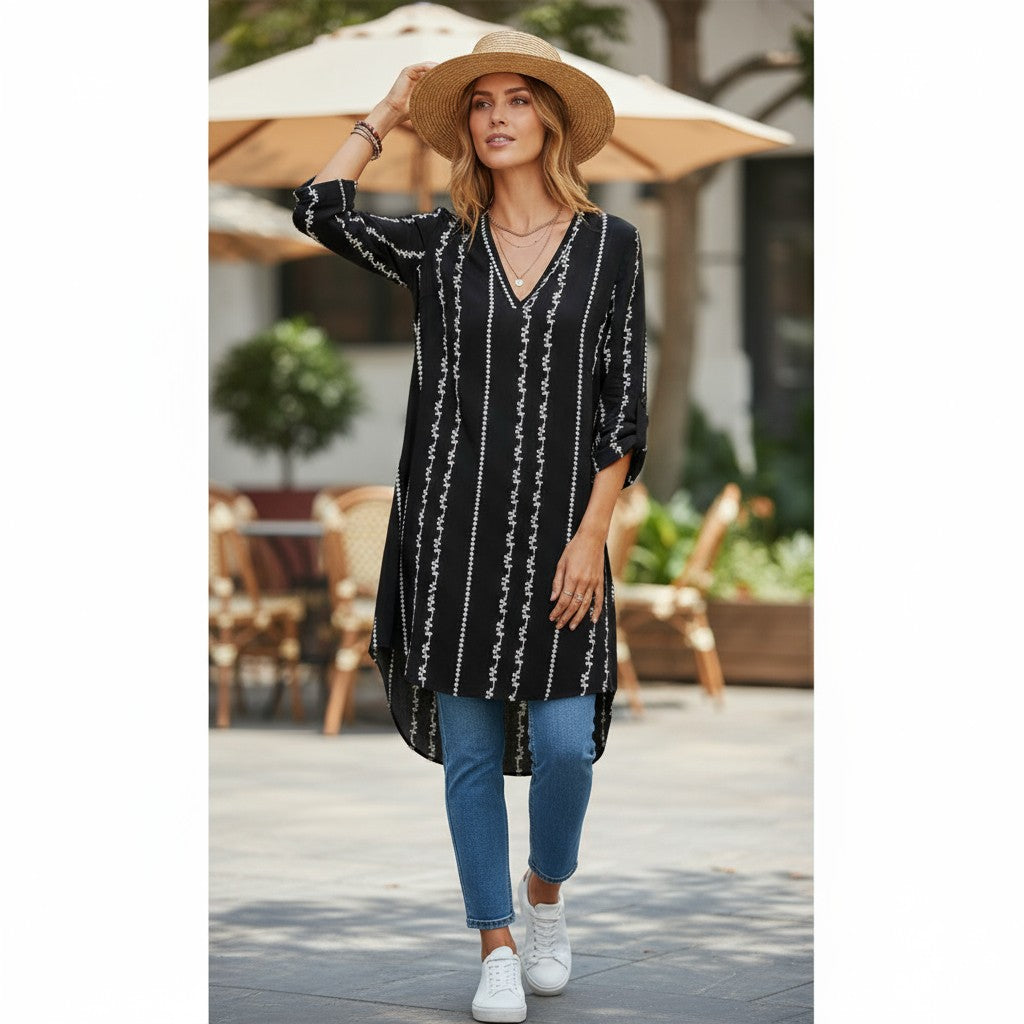 Versatile Color Block Tunic Dress - V-Neck Layering Travel Piece