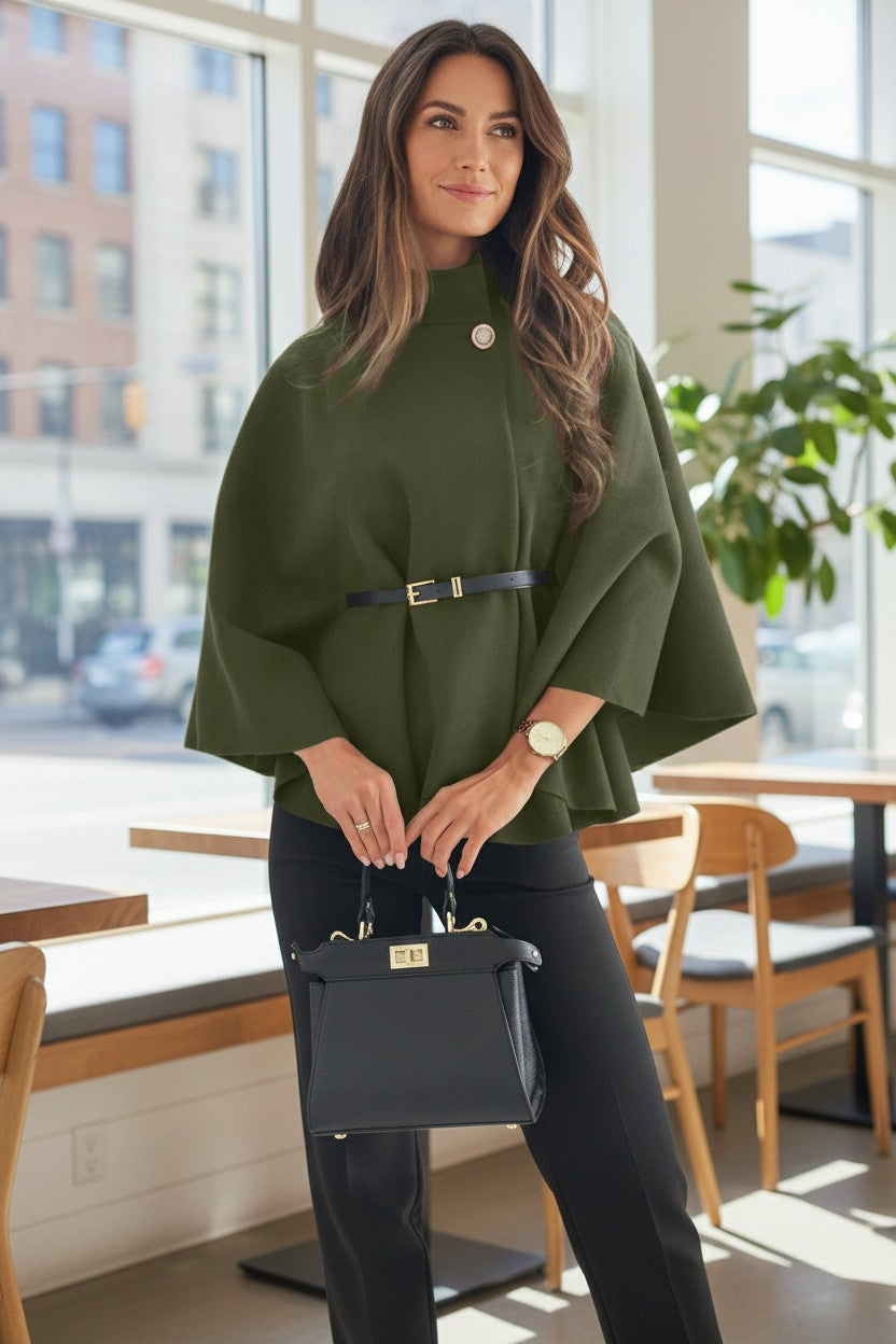 The Elise Belted Mock-Neck Batwing Cape Jacket