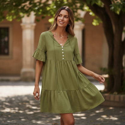 The Transitional V-Neck Ruffle Hem Mini Dress