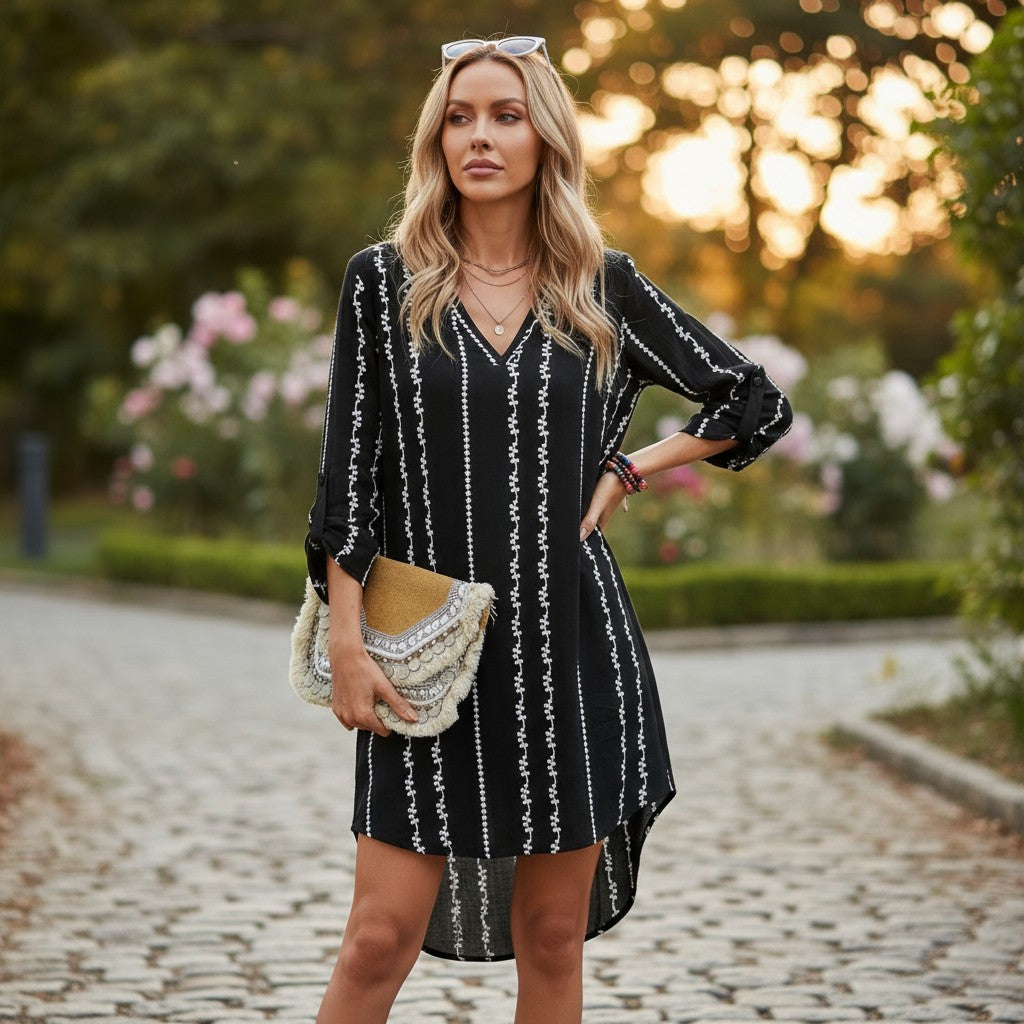 Versatile Color Block Tunic Dress - V-Neck Layering Travel Piece