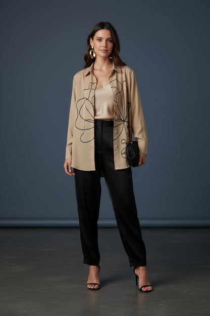 Minimalist Abstract Face Line Art Button-Down Shirt – Khaki