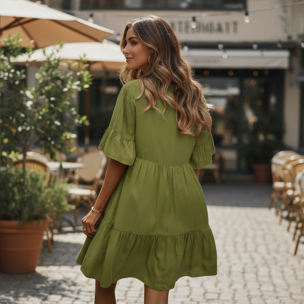 The Transitional V-Neck Ruffle Hem Mini Dress