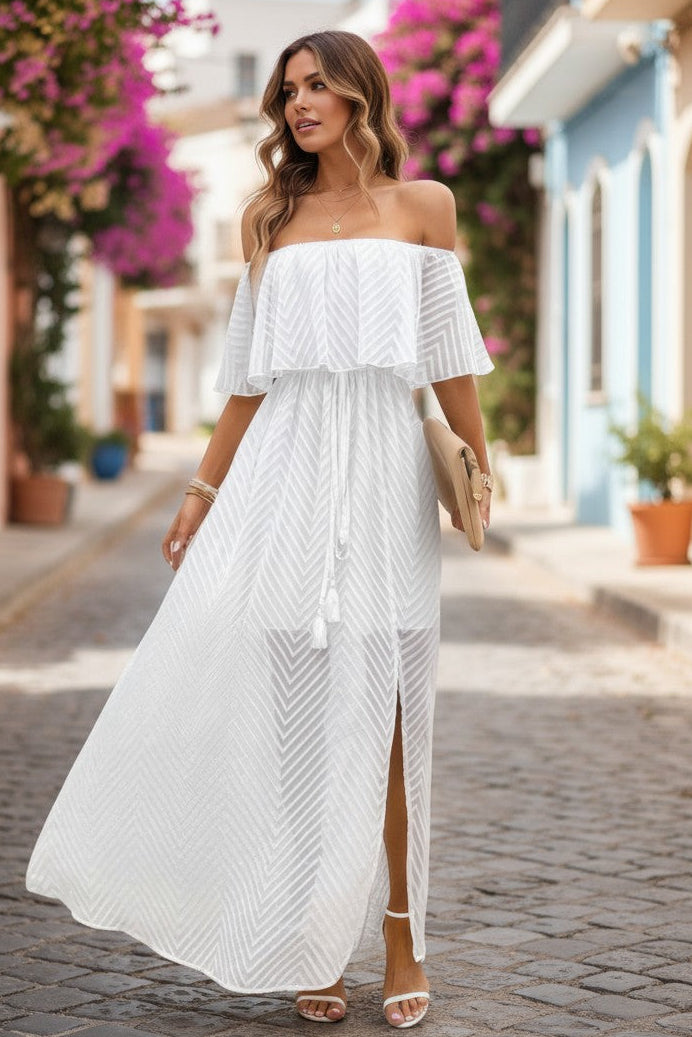 White Boho Ruffle Off-Shoulder Maxi Dress | Flowy Resort Vacation Split Dress