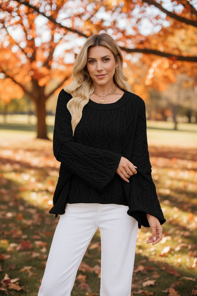 The Cozy Cable Knit Oversized Bell Sleeve Pullover