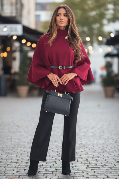 The Elise Belted Mock-Neck Batwing Cape Jacket