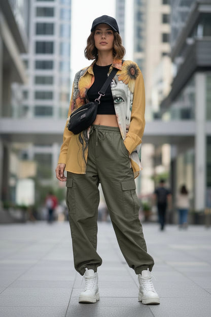 Artistic Floral Portrait Silk Velvet Button-Down Shirt – Ochre