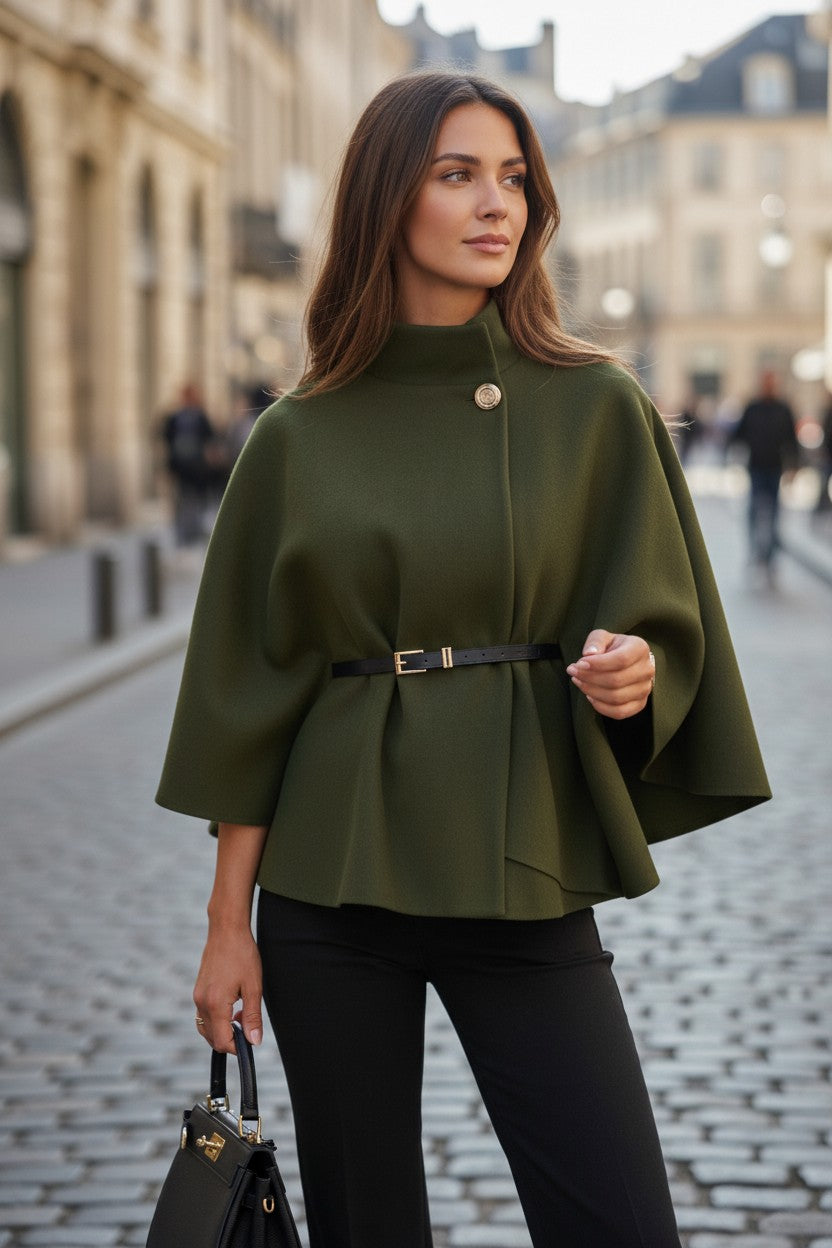 The Elise Belted Mock-Neck Batwing Cape Jacket