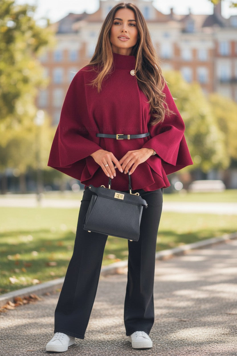 The Elise Belted Mock-Neck Batwing Cape Jacket