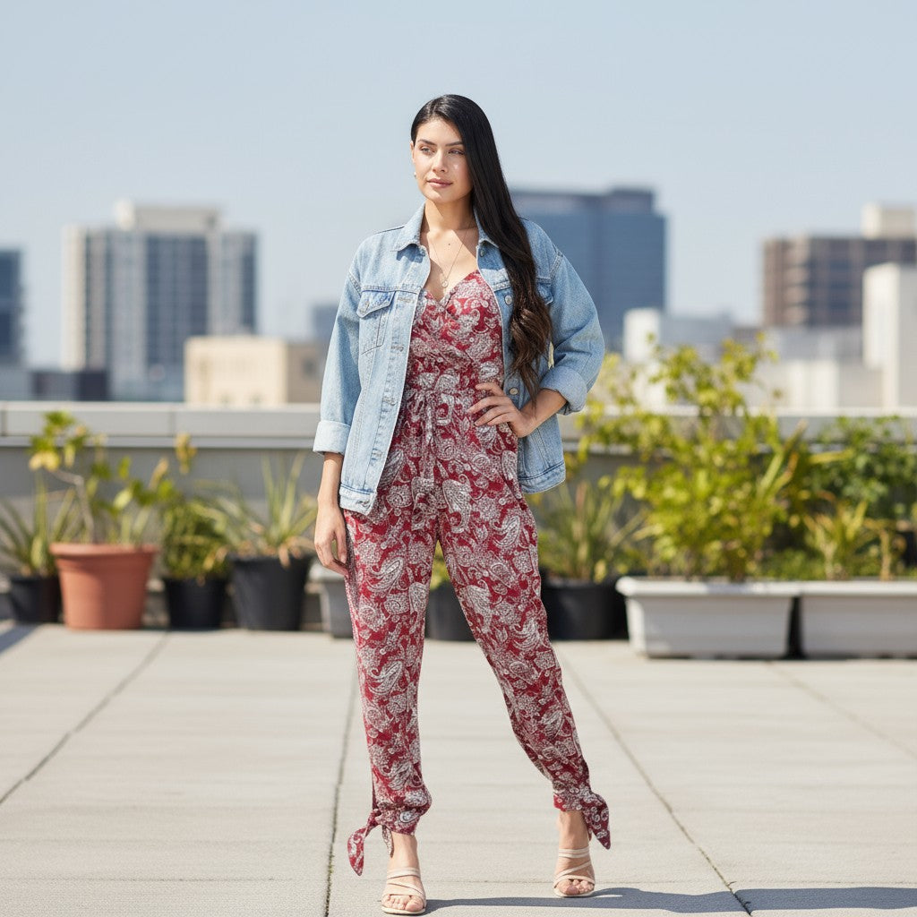 The Riviera Paisley Tie-Waist Jumpsuit - Red