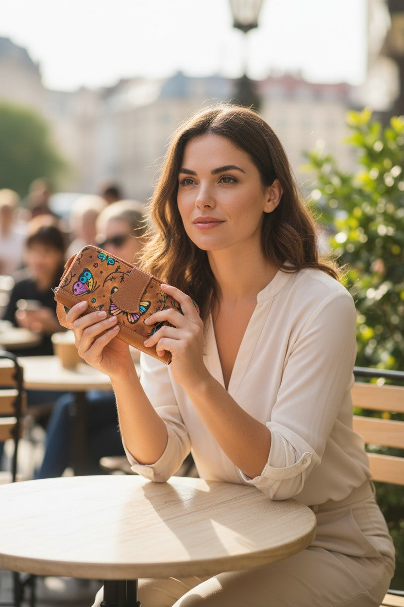Artisan Hand-Painted Butterfly Leather Wallet | Floral Embossed Trifold Wallet